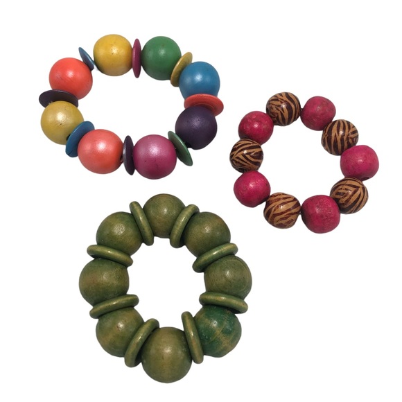 Wood Bead Stretch Bracelet Lot of 3 Green Rainbow Pink Animal Print - Picture 3 of 6